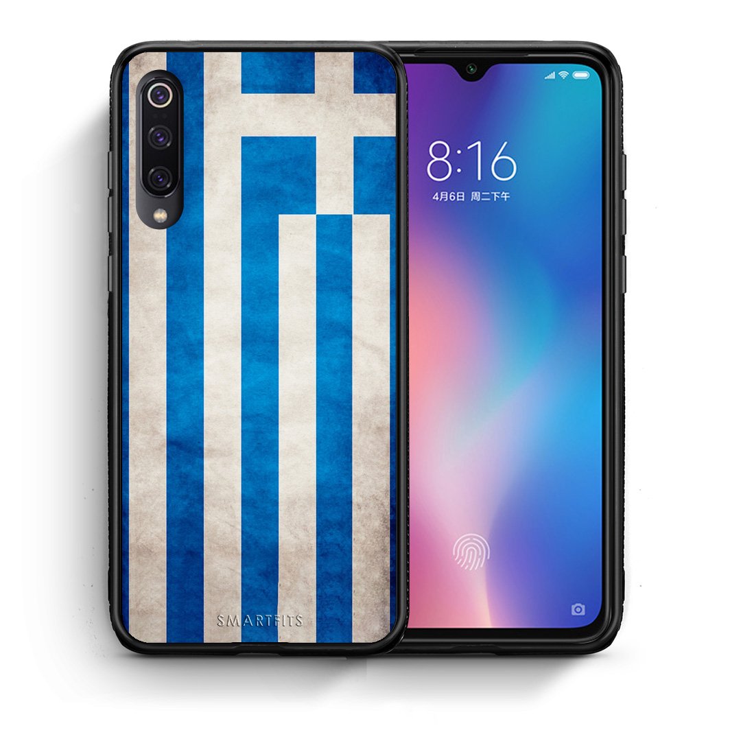 Θήκη Xiaomi Mi 9 Greek Flag από τη Smartfits με σχέδιο στο πίσω μέρος και μαύρο περίβλημα | Xiaomi Mi 9 Greek Flag case with colorful back and black bezels