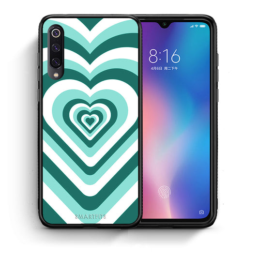 Θήκη Xiaomi Mi 9 Green Hearts από τη Smartfits με σχέδιο στο πίσω μέρος και μαύρο περίβλημα | Xiaomi Mi 9 Green Hearts case with colorful back and black bezels