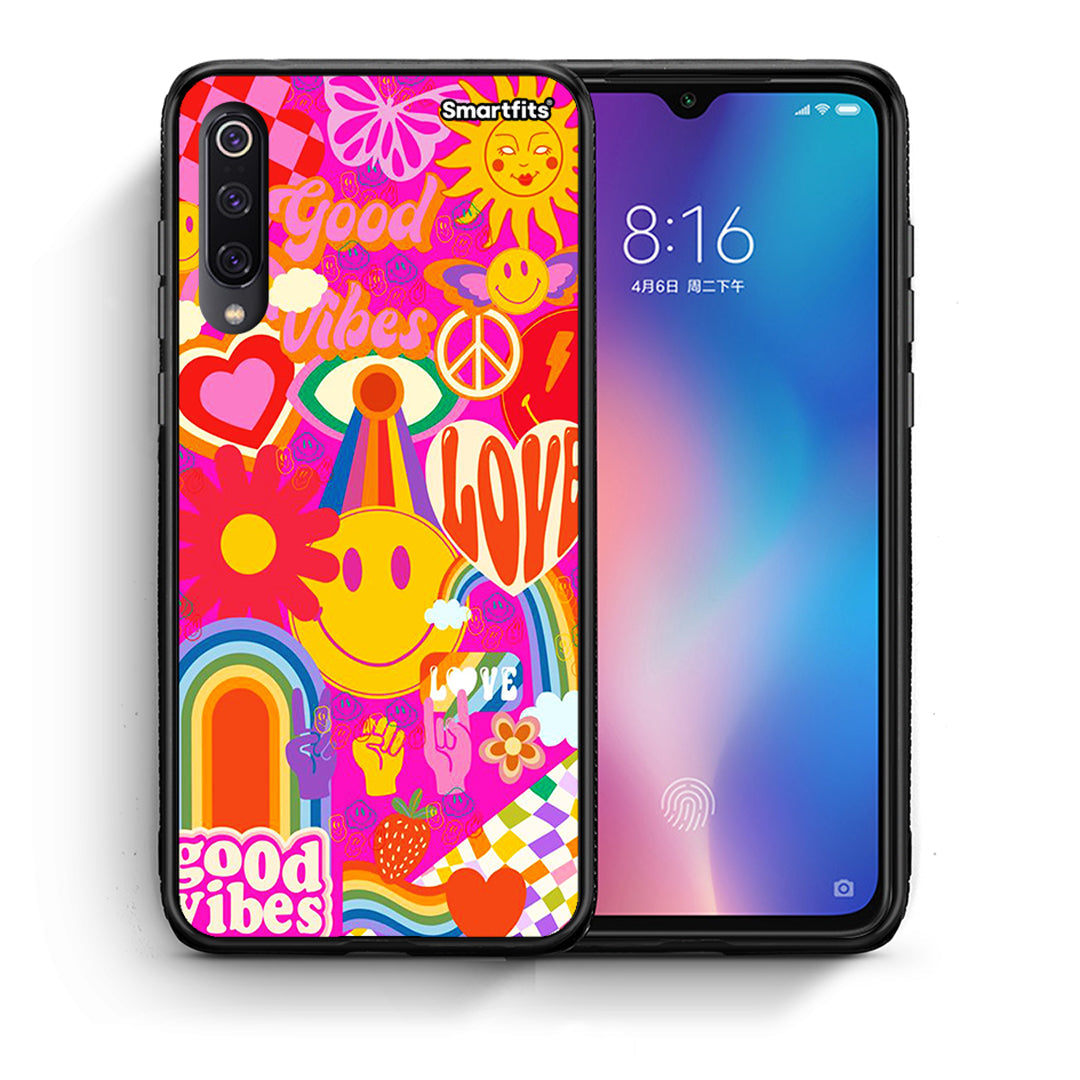 Θήκη Xiaomi Mi 9 Hippie Love από τη Smartfits με σχέδιο στο πίσω μέρος και μαύρο περίβλημα | Xiaomi Mi 9 Hippie Love case with colorful back and black bezels