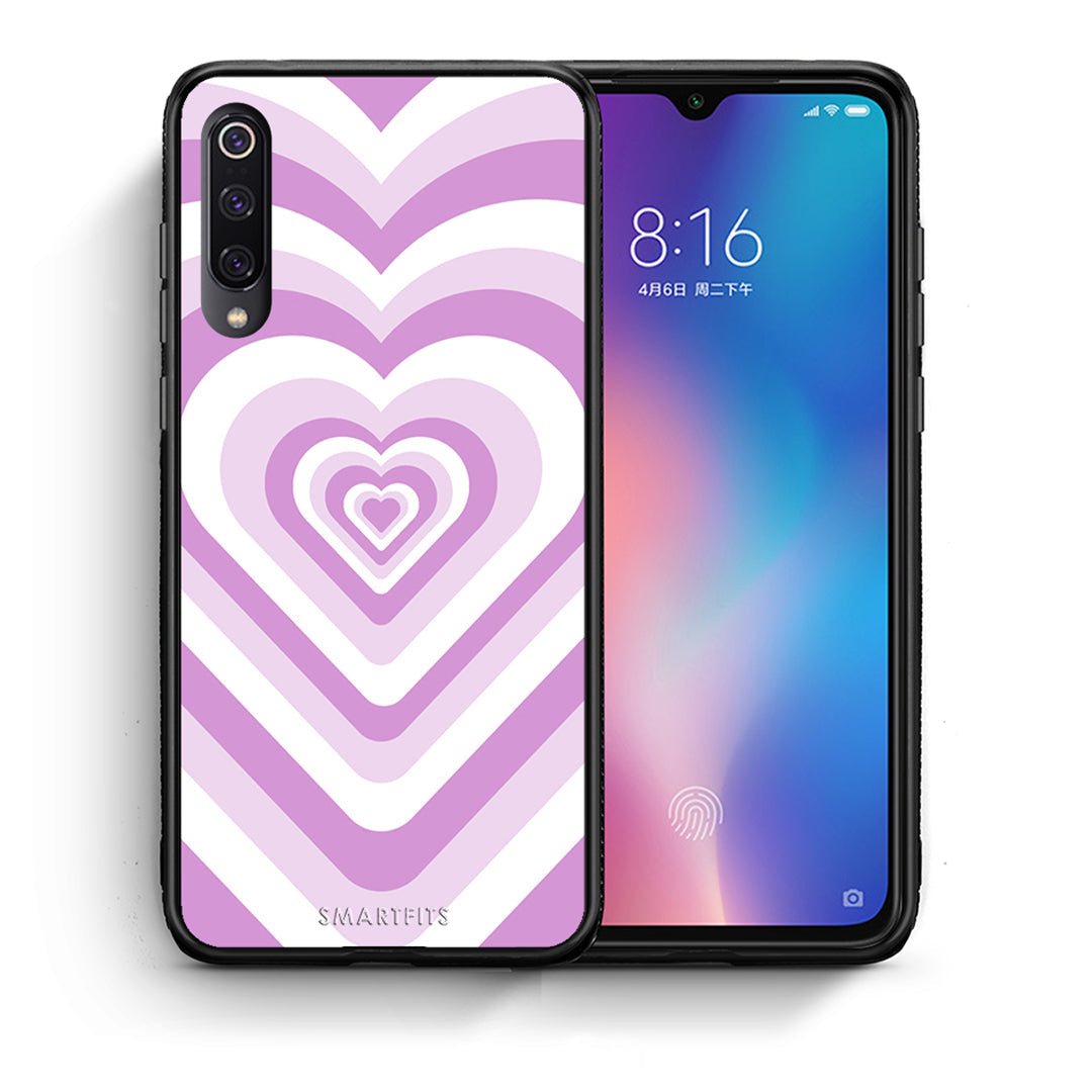 Θήκη Xiaomi Mi 9 Lilac Hearts από τη Smartfits με σχέδιο στο πίσω μέρος και μαύρο περίβλημα | Xiaomi Mi 9 Lilac Hearts case with colorful back and black bezels