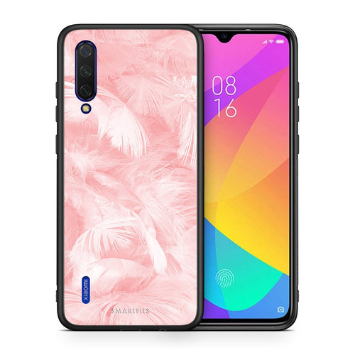 Θήκη Xiaomi Mi 9 Lite Pink Feather Boho από τη Smartfits με σχέδιο στο πίσω μέρος και μαύρο περίβλημα | Xiaomi Mi 9 Lite Pink Feather Boho case with colorful back and black bezels