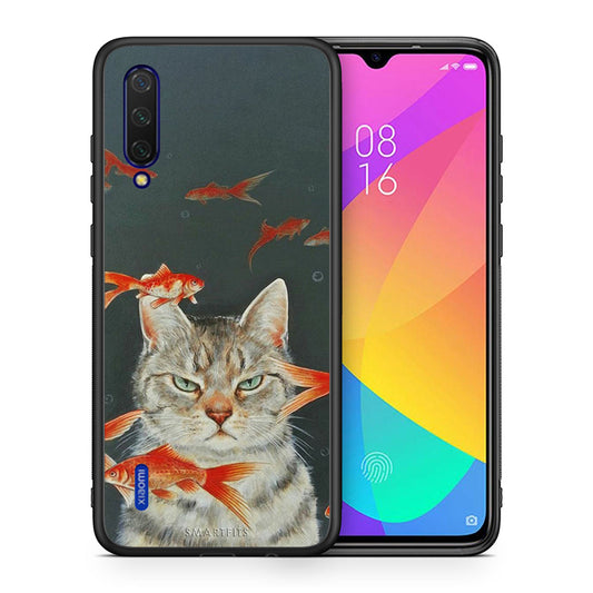 Θήκη Xiaomi Mi 9 Lite Cat Goldfish από τη Smartfits με σχέδιο στο πίσω μέρος και μαύρο περίβλημα | Xiaomi Mi 9 Lite Cat Goldfish case with colorful back and black bezels