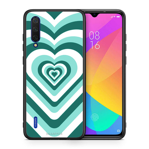 Θήκη Xiaomi Mi 9 Lite Green Hearts από τη Smartfits με σχέδιο στο πίσω μέρος και μαύρο περίβλημα | Xiaomi Mi 9 Lite Green Hearts case with colorful back and black bezels