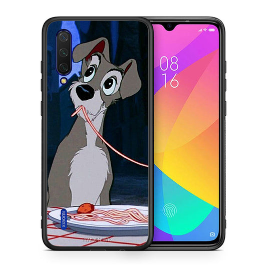 Θήκη Αγίου Βαλεντίνου Xiaomi Mi 9 Lite Lady And Tramp 1 από τη Smartfits με σχέδιο στο πίσω μέρος και μαύρο περίβλημα | Xiaomi Mi 9 Lite Lady And Tramp 1 case with colorful back and black bezels