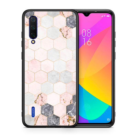 Θήκη Xiaomi Mi 9 Lite Hexagon Pink Marble από τη Smartfits με σχέδιο στο πίσω μέρος και μαύρο περίβλημα | Xiaomi Mi 9 Lite Hexagon Pink Marble case with colorful back and black bezels