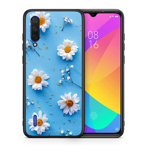 Θήκη Xiaomi Mi 9 Lite Real Daisies από τη Smartfits με σχέδιο στο πίσω μέρος και μαύρο περίβλημα | Xiaomi Mi 9 Lite Real Daisies case with colorful back and black bezels
