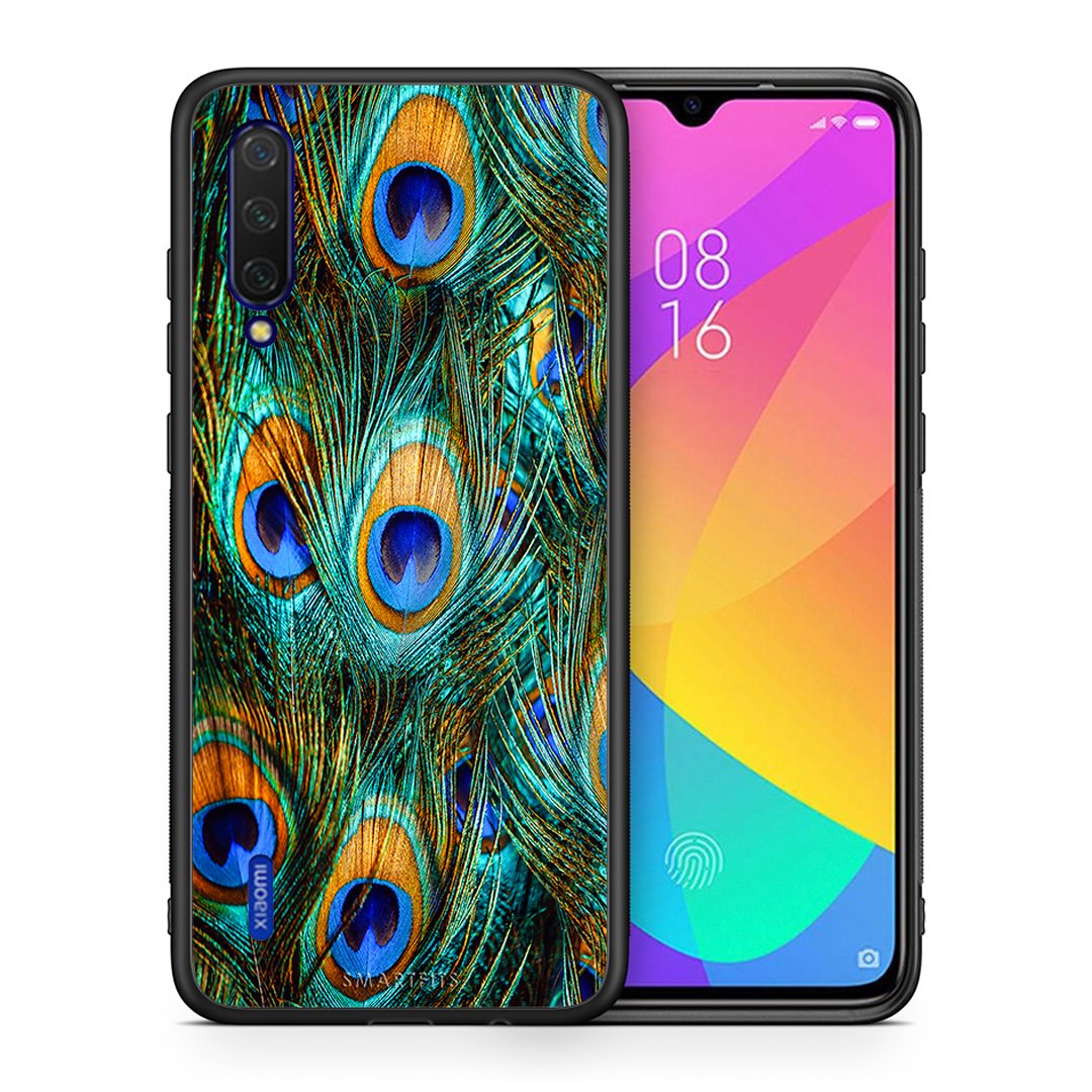 Θήκη Xiaomi Mi 9 Lite Real Peacock Feathers από τη Smartfits με σχέδιο στο πίσω μέρος και μαύρο περίβλημα | Xiaomi Mi 9 Lite Real Peacock Feathers case with colorful back and black bezels