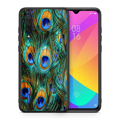 Θήκη Xiaomi Mi 9 Lite Real Peacock Feathers από τη Smartfits με σχέδιο στο πίσω μέρος και μαύρο περίβλημα | Xiaomi Mi 9 Lite Real Peacock Feathers case with colorful back and black bezels