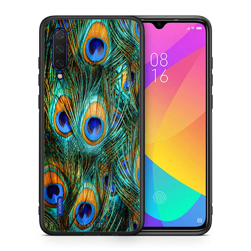 Θήκη Xiaomi Mi 9 Lite Real Peacock Feathers από τη Smartfits με σχέδιο στο πίσω μέρος και μαύρο περίβλημα | Xiaomi Mi 9 Lite Real Peacock Feathers case with colorful back and black bezels