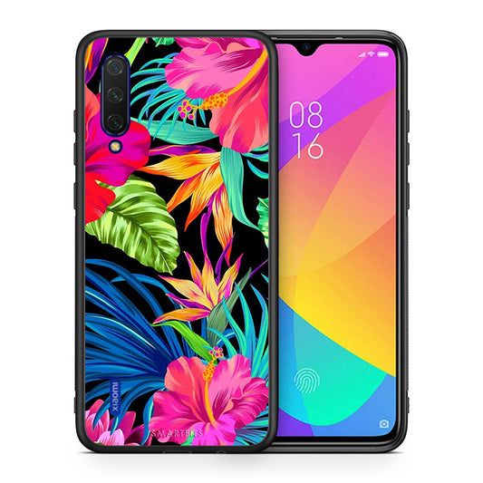 Θήκη Xiaomi Mi 9 Lite Tropical Flowers από τη Smartfits με σχέδιο στο πίσω μέρος και μαύρο περίβλημα | Xiaomi Mi 9 Lite Tropical Flowers case with colorful back and black bezels