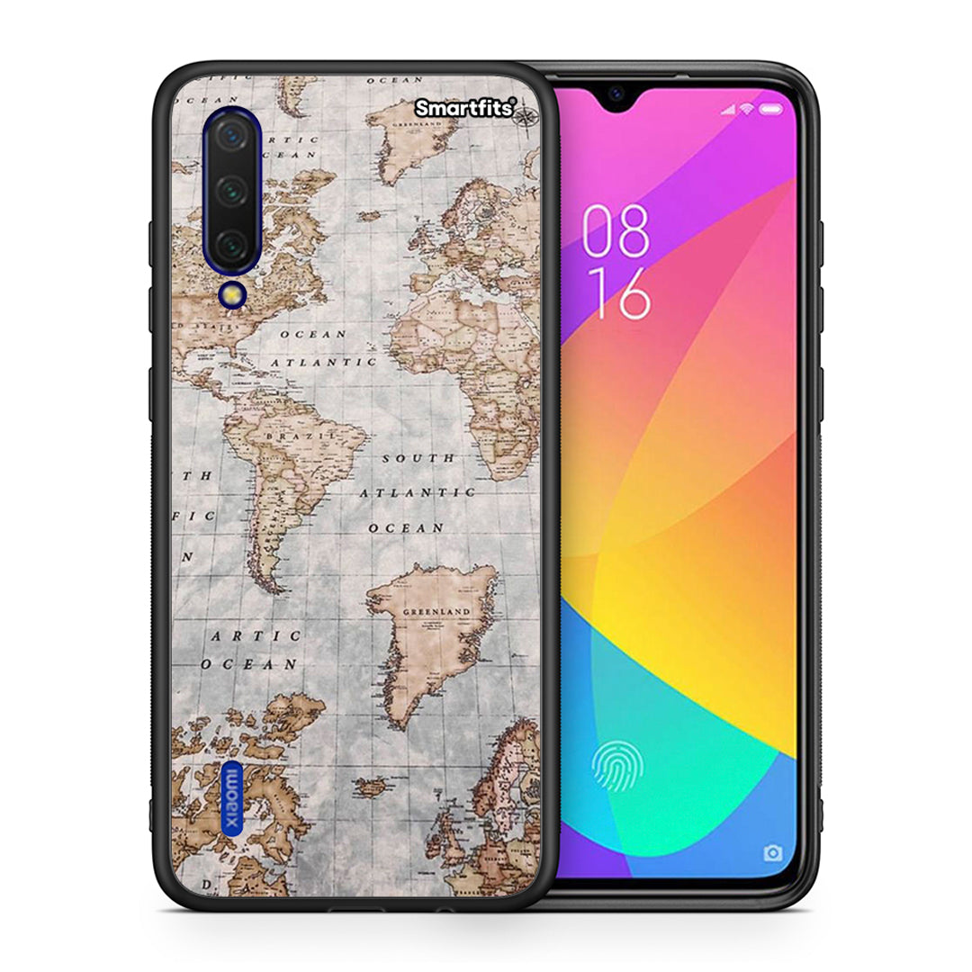 Θήκη Xiaomi Mi 9 Lite World Map από τη Smartfits με σχέδιο στο πίσω μέρος και μαύρο περίβλημα | Xiaomi Mi 9 Lite World Map case with colorful back and black bezels