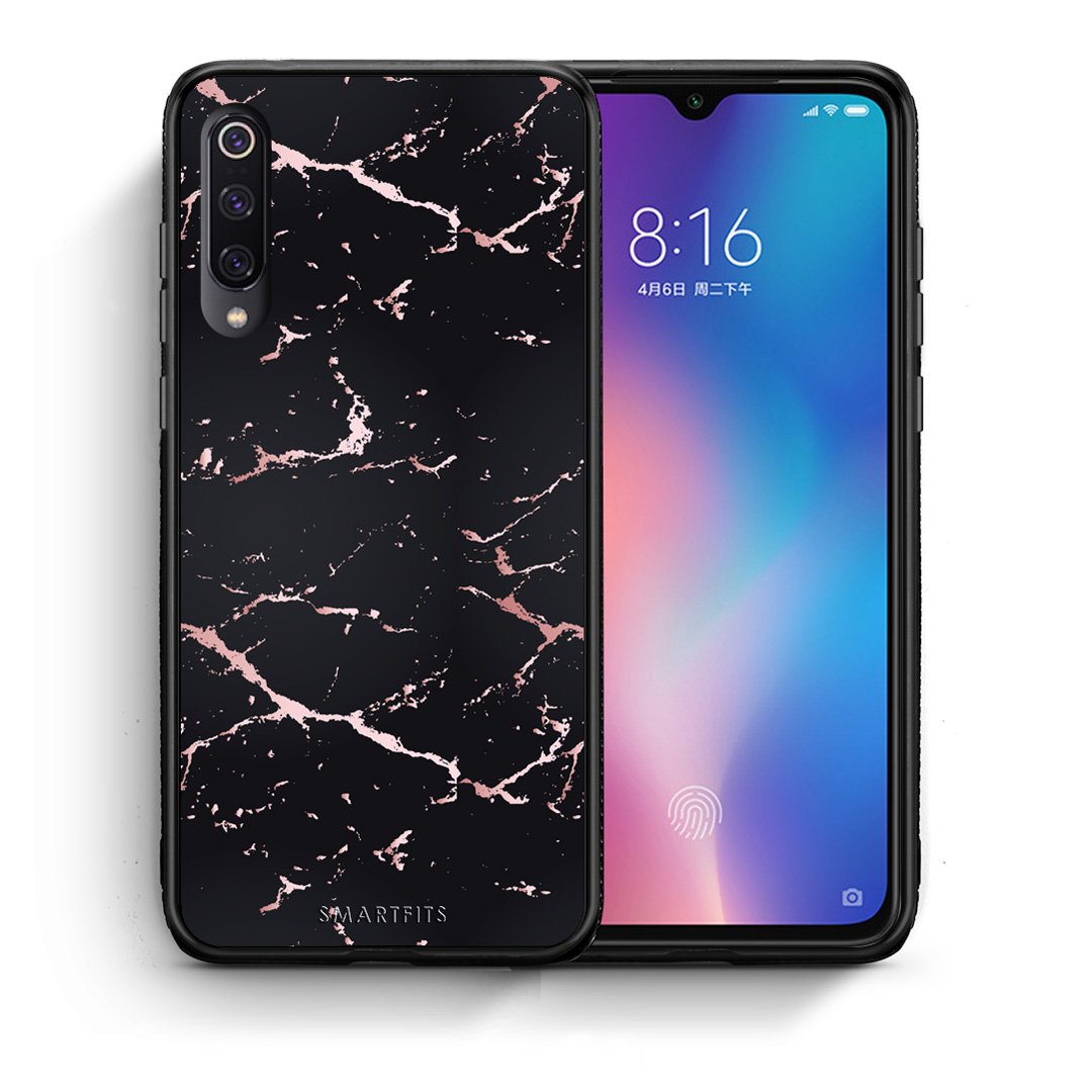 Θήκη Xiaomi Mi 9 Black Rosegold Marble από τη Smartfits με σχέδιο στο πίσω μέρος και μαύρο περίβλημα | Xiaomi Mi 9 Black Rosegold Marble case with colorful back and black bezels