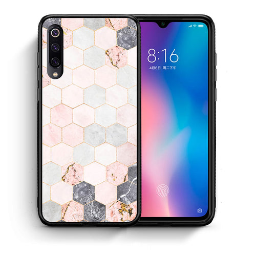 Θήκη Xiaomi Mi 9 Hexagon Pink Marble από τη Smartfits με σχέδιο στο πίσω μέρος και μαύρο περίβλημα | Xiaomi Mi 9 Hexagon Pink Marble case with colorful back and black bezels