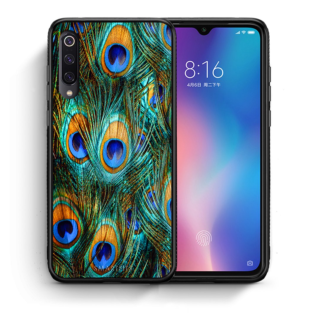 Θήκη Xiaomi Mi 9 Real Peacock Feathers από τη Smartfits με σχέδιο στο πίσω μέρος και μαύρο περίβλημα | Xiaomi Mi 9 Real Peacock Feathers case with colorful back and black bezels