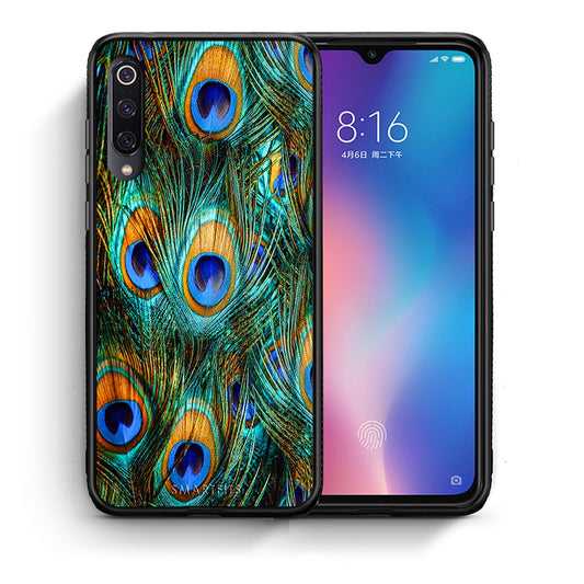 Θήκη Xiaomi Mi 9 Real Peacock Feathers από τη Smartfits με σχέδιο στο πίσω μέρος και μαύρο περίβλημα | Xiaomi Mi 9 Real Peacock Feathers case with colorful back and black bezels