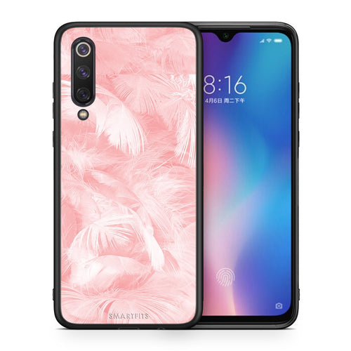 Θήκη Xiaomi Mi 9 SE Pink Feather Boho από τη Smartfits με σχέδιο στο πίσω μέρος και μαύρο περίβλημα | Xiaomi Mi 9 SE Pink Feather Boho case with colorful back and black bezels