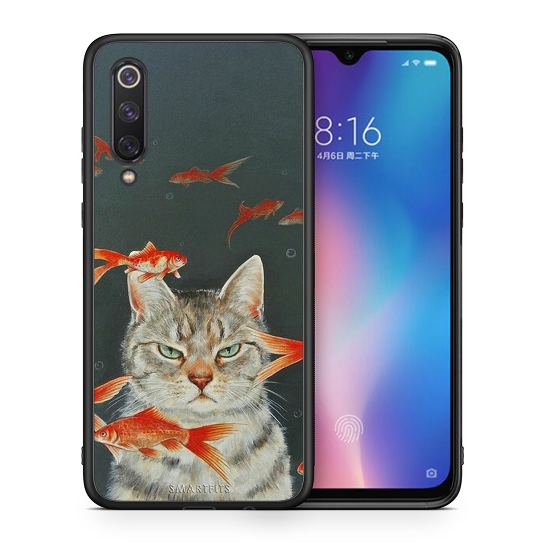 Θήκη Xiaomi Mi 9 SE Cat Goldfish από τη Smartfits με σχέδιο στο πίσω μέρος και μαύρο περίβλημα | Xiaomi Mi 9 SE Cat Goldfish case with colorful back and black bezels