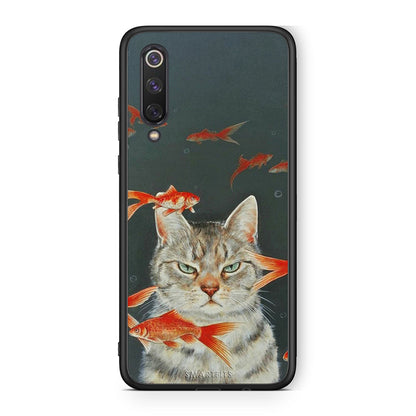 Xiaomi Mi 9 SE Cat Goldfish θήκη από τη Smartfits με σχέδιο στο πίσω μέρος και μαύρο περίβλημα | Smartphone case with colorful back and black bezels by Smartfits