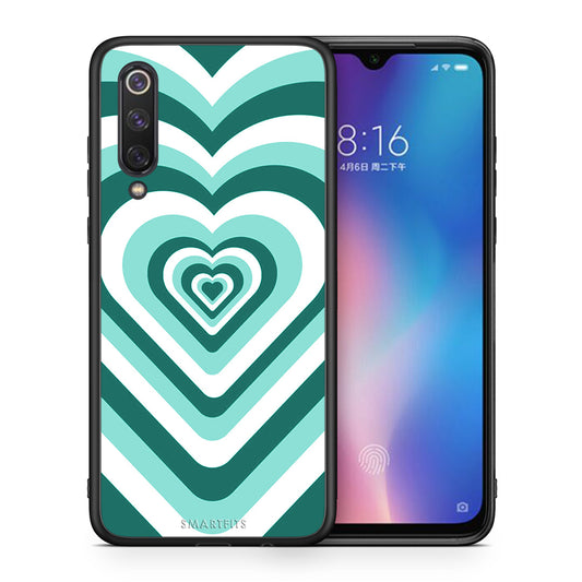 Θήκη Xiaomi Mi 9 SE Green Hearts από τη Smartfits με σχέδιο στο πίσω μέρος και μαύρο περίβλημα | Xiaomi Mi 9 SE Green Hearts case with colorful back and black bezels