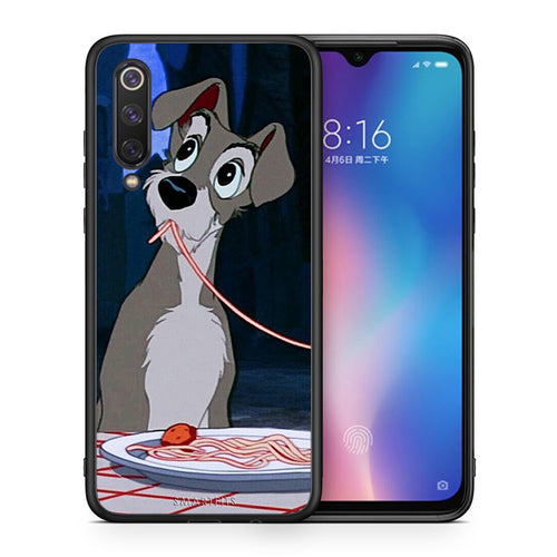 Θήκη Αγίου Βαλεντίνου Xiaomi Mi 9 SE Lady And Tramp 1 από τη Smartfits με σχέδιο στο πίσω μέρος και μαύρο περίβλημα | Xiaomi Mi 9 SE Lady And Tramp 1 case with colorful back and black bezels