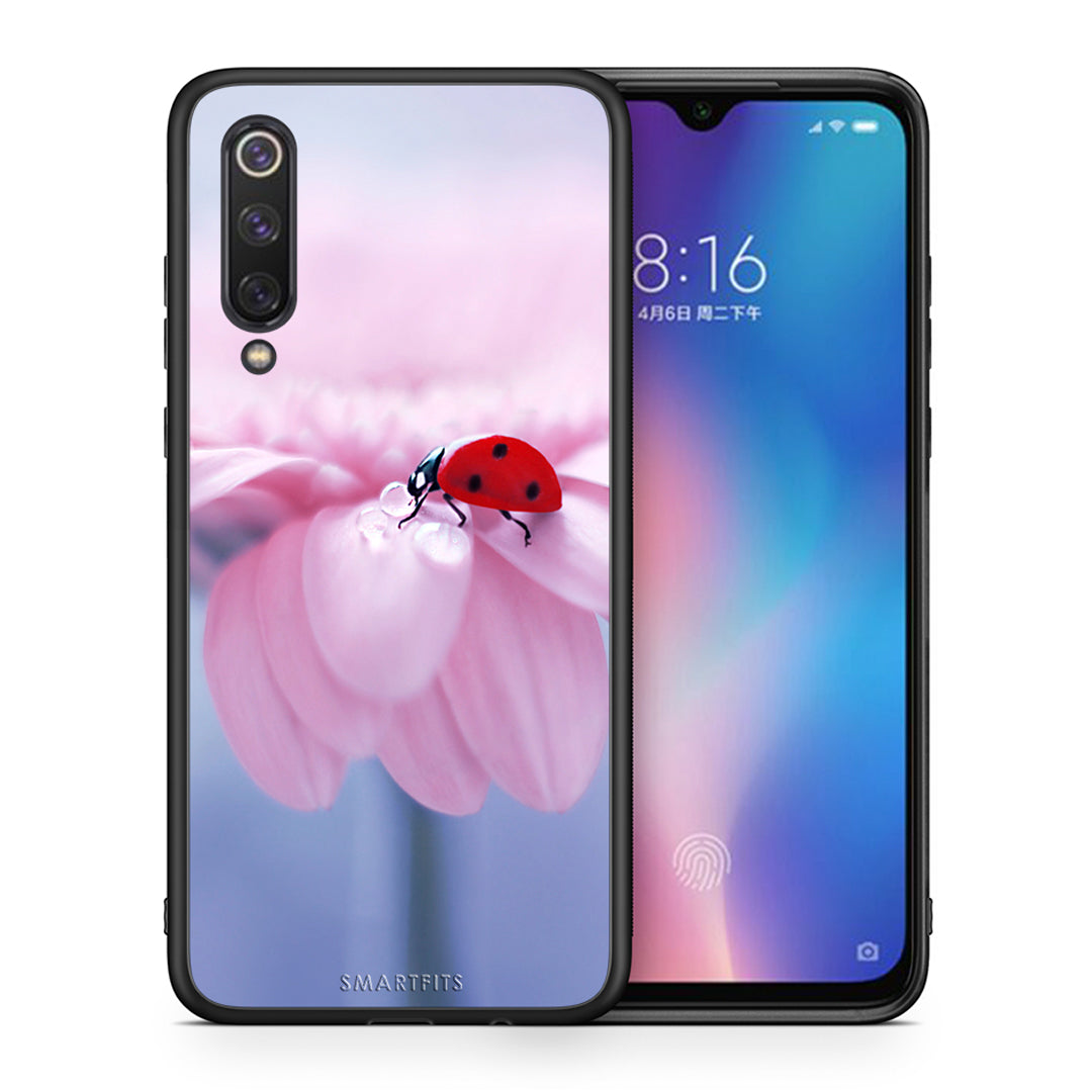 Θήκη Xiaomi Mi 9 SE Ladybug Flower από τη Smartfits με σχέδιο στο πίσω μέρος και μαύρο περίβλημα | Xiaomi Mi 9 SE Ladybug Flower case with colorful back and black bezels