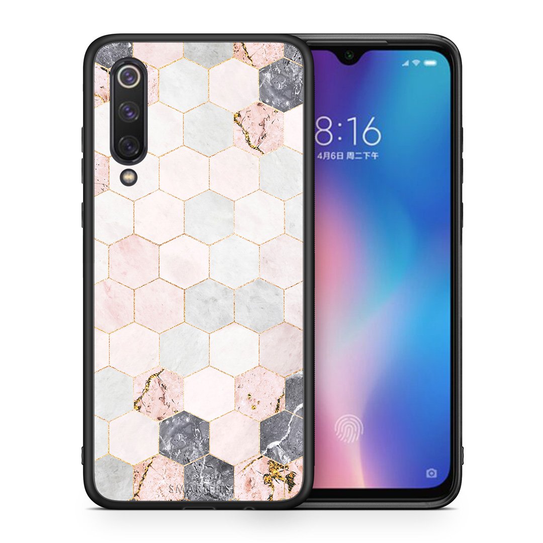 Θήκη Xiaomi Mi 9 SE Hexagon Pink Marble από τη Smartfits με σχέδιο στο πίσω μέρος και μαύρο περίβλημα | Xiaomi Mi 9 SE Hexagon Pink Marble case with colorful back and black bezels