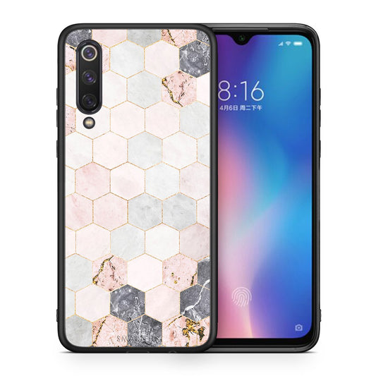 Θήκη Xiaomi Mi 9 SE Hexagon Pink Marble από τη Smartfits με σχέδιο στο πίσω μέρος και μαύρο περίβλημα | Xiaomi Mi 9 SE Hexagon Pink Marble case with colorful back and black bezels