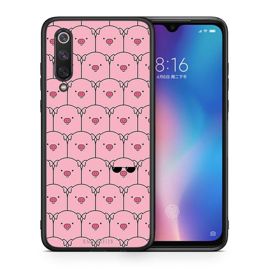 Θήκη Xiaomi Mi 9 SE Pig Glasses από τη Smartfits με σχέδιο στο πίσω μέρος και μαύρο περίβλημα | Xiaomi Mi 9 SE Pig Glasses case with colorful back and black bezels