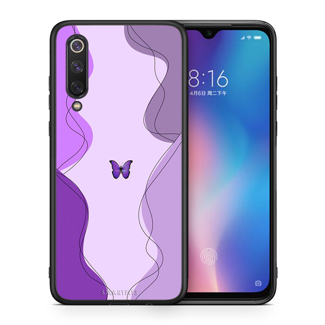 Θήκη Αγίου Βαλεντίνου Xiaomi Mi 9 SE Purple Mariposa από τη Smartfits με σχέδιο στο πίσω μέρος και μαύρο περίβλημα | Xiaomi Mi 9 SE Purple Mariposa case with colorful back and black bezels