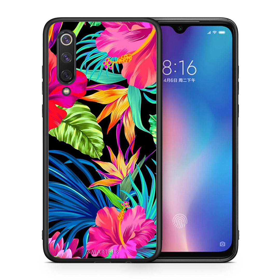 Θήκη Xiaomi Mi 9 SE Tropical Flowers από τη Smartfits με σχέδιο στο πίσω μέρος και μαύρο περίβλημα | Xiaomi Mi 9 SE Tropical Flowers case with colorful back and black bezels