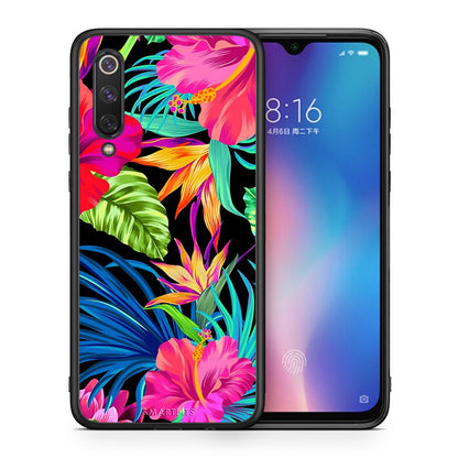 Θήκη Xiaomi Mi 9 SE Tropical Flowers από τη Smartfits με σχέδιο στο πίσω μέρος και μαύρο περίβλημα | Xiaomi Mi 9 SE Tropical Flowers case with colorful back and black bezels