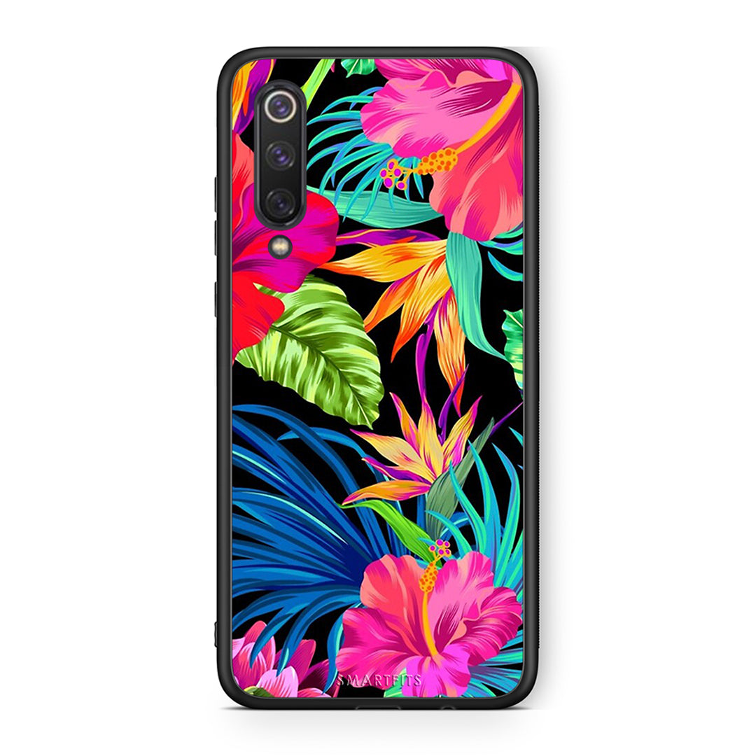 Xiaomi Mi 9 SE Tropical Flowers θήκη από τη Smartfits με σχέδιο στο πίσω μέρος και μαύρο περίβλημα | Smartphone case with colorful back and black bezels by Smartfits