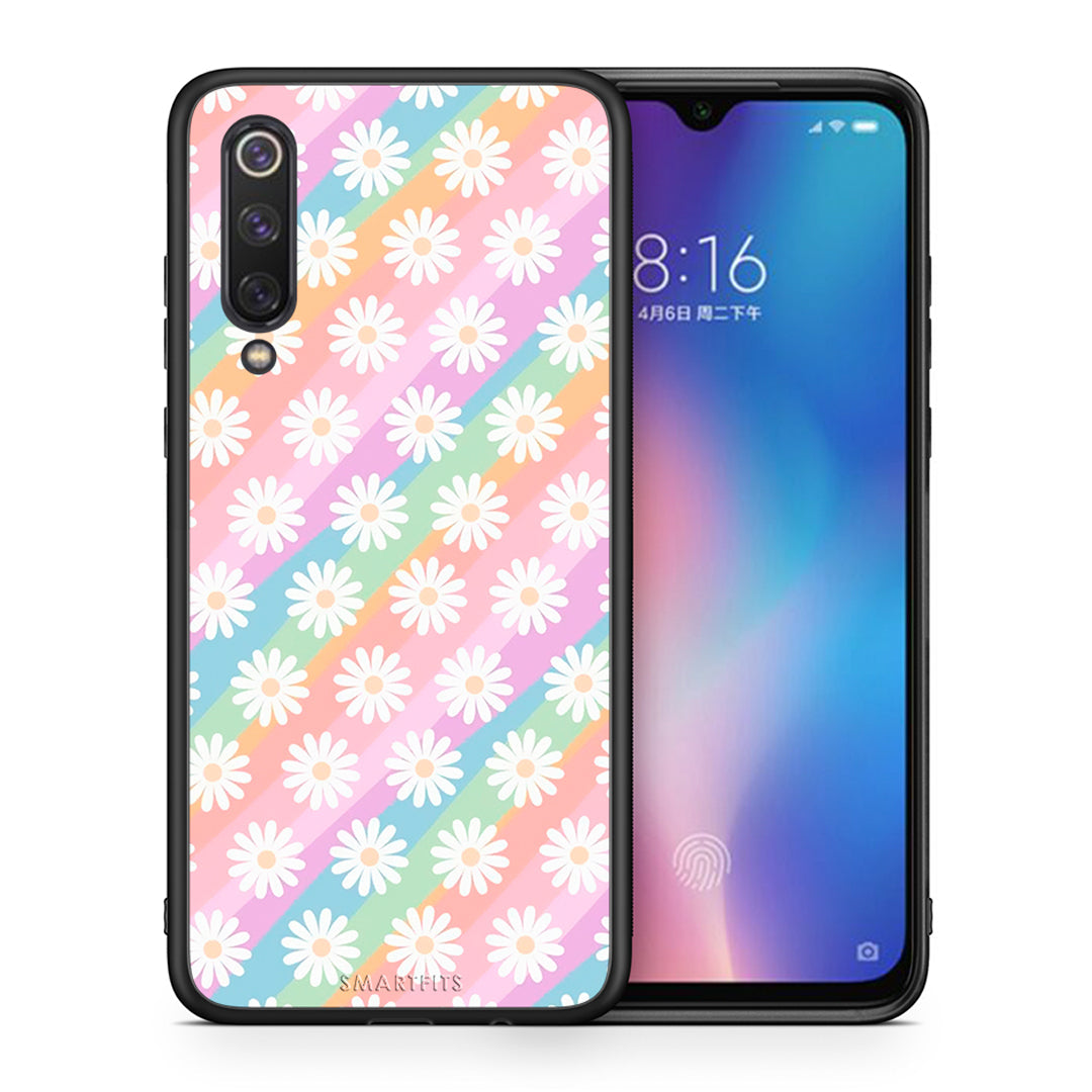 Θήκη Xiaomi Mi 9 SE White Daisies από τη Smartfits με σχέδιο στο πίσω μέρος και μαύρο περίβλημα | Xiaomi Mi 9 SE White Daisies case with colorful back and black bezels
