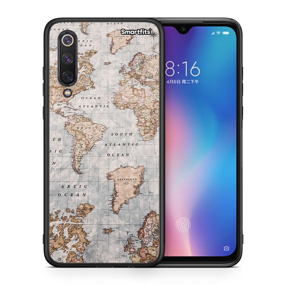 Θήκη Xiaomi Mi 9 SE World Map από τη Smartfits με σχέδιο στο πίσω μέρος και μαύρο περίβλημα | Xiaomi Mi 9 SE World Map case with colorful back and black bezels