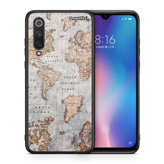 Θήκη Xiaomi Mi 9 SE World Map από τη Smartfits με σχέδιο στο πίσω μέρος και μαύρο περίβλημα | Xiaomi Mi 9 SE World Map case with colorful back and black bezels
