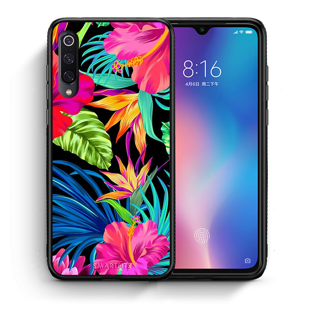 Θήκη Xiaomi Mi 9 Tropical Flowers από τη Smartfits με σχέδιο στο πίσω μέρος και μαύρο περίβλημα | Xiaomi Mi 9 Tropical Flowers case with colorful back and black bezels