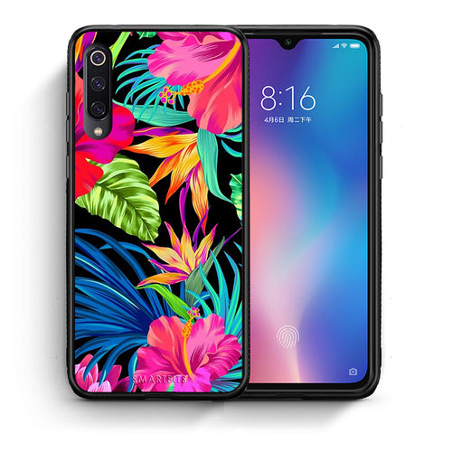 Θήκη Xiaomi Mi 9 Tropical Flowers από τη Smartfits με σχέδιο στο πίσω μέρος και μαύρο περίβλημα | Xiaomi Mi 9 Tropical Flowers case with colorful back and black bezels