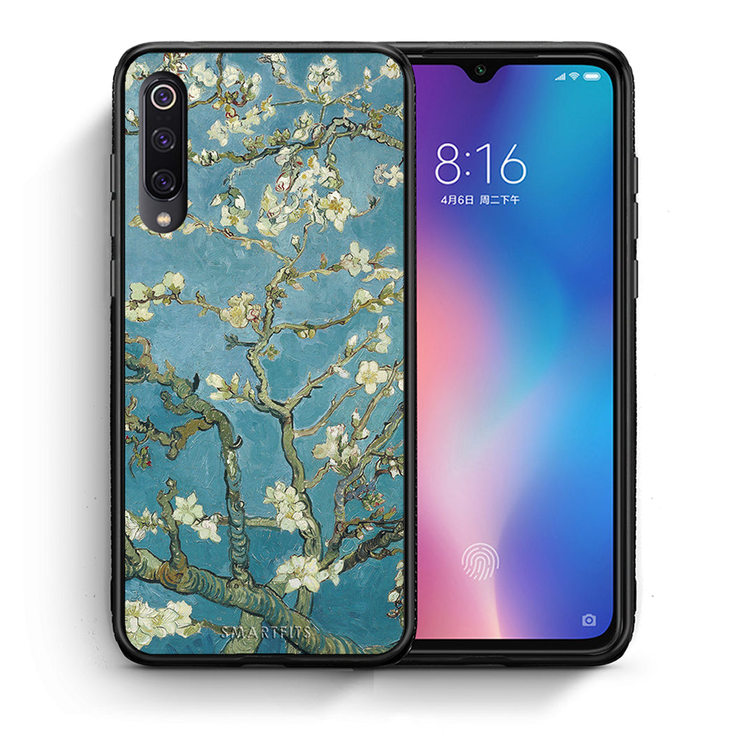 Θήκη Xiaomi Mi 9 White Blossoms από τη Smartfits με σχέδιο στο πίσω μέρος και μαύρο περίβλημα | Xiaomi Mi 9 White Blossoms case with colorful back and black bezels