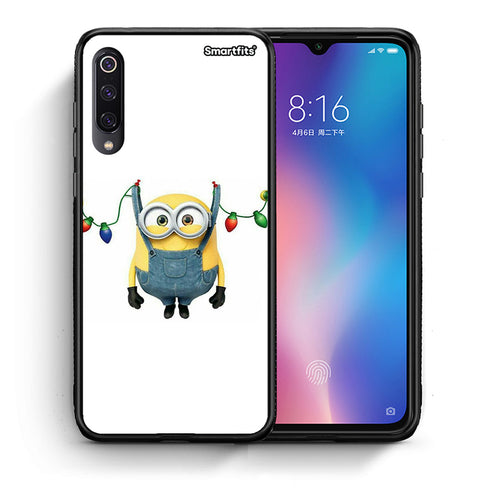 Θήκη Xiaomi Mi 9 Xmas Minion Lights από τη Smartfits με σχέδιο στο πίσω μέρος και μαύρο περίβλημα | Xiaomi Mi 9 Xmas Minion Lights case with colorful back and black bezels