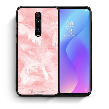 Θήκη Xiaomi Mi 9T Pink Feather Boho από τη Smartfits με σχέδιο στο πίσω μέρος και μαύρο περίβλημα | Xiaomi Mi 9T Pink Feather Boho case with colorful back and black bezels
