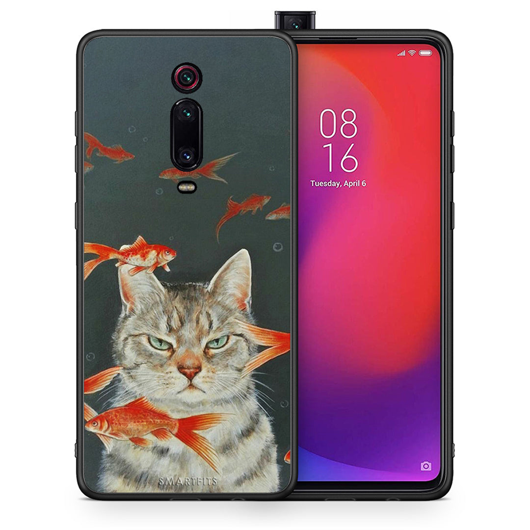 Θήκη Xiaomi Redmi K20/K20 Pro Cat Goldfish από τη Smartfits με σχέδιο στο πίσω μέρος και μαύρο περίβλημα | Xiaomi Redmi K20/K20 Pro Cat Goldfish case with colorful back and black bezels