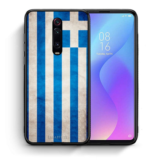Θήκη Xiaomi Mi 9T Greek Flag από τη Smartfits με σχέδιο στο πίσω μέρος και μαύρο περίβλημα | Xiaomi Mi 9T Greek Flag case with colorful back and black bezels