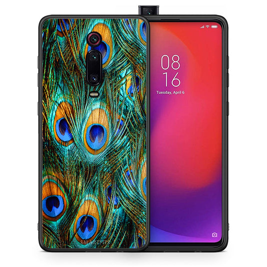 Θήκη Xiaomi Mi 9T Real Peacock Feathers από τη Smartfits με σχέδιο στο πίσω μέρος και μαύρο περίβλημα | Xiaomi Mi 9T Real Peacock Feathers case with colorful back and black bezels