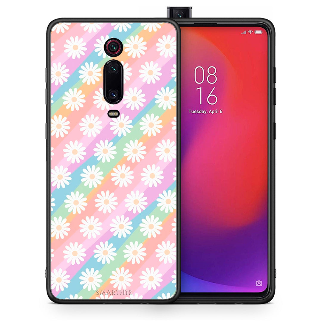 Θήκη Xiaomi Mi 9T White Daisies από τη Smartfits με σχέδιο στο πίσω μέρος και μαύρο περίβλημα | Xiaomi Mi 9T White Daisies case with colorful back and black bezels