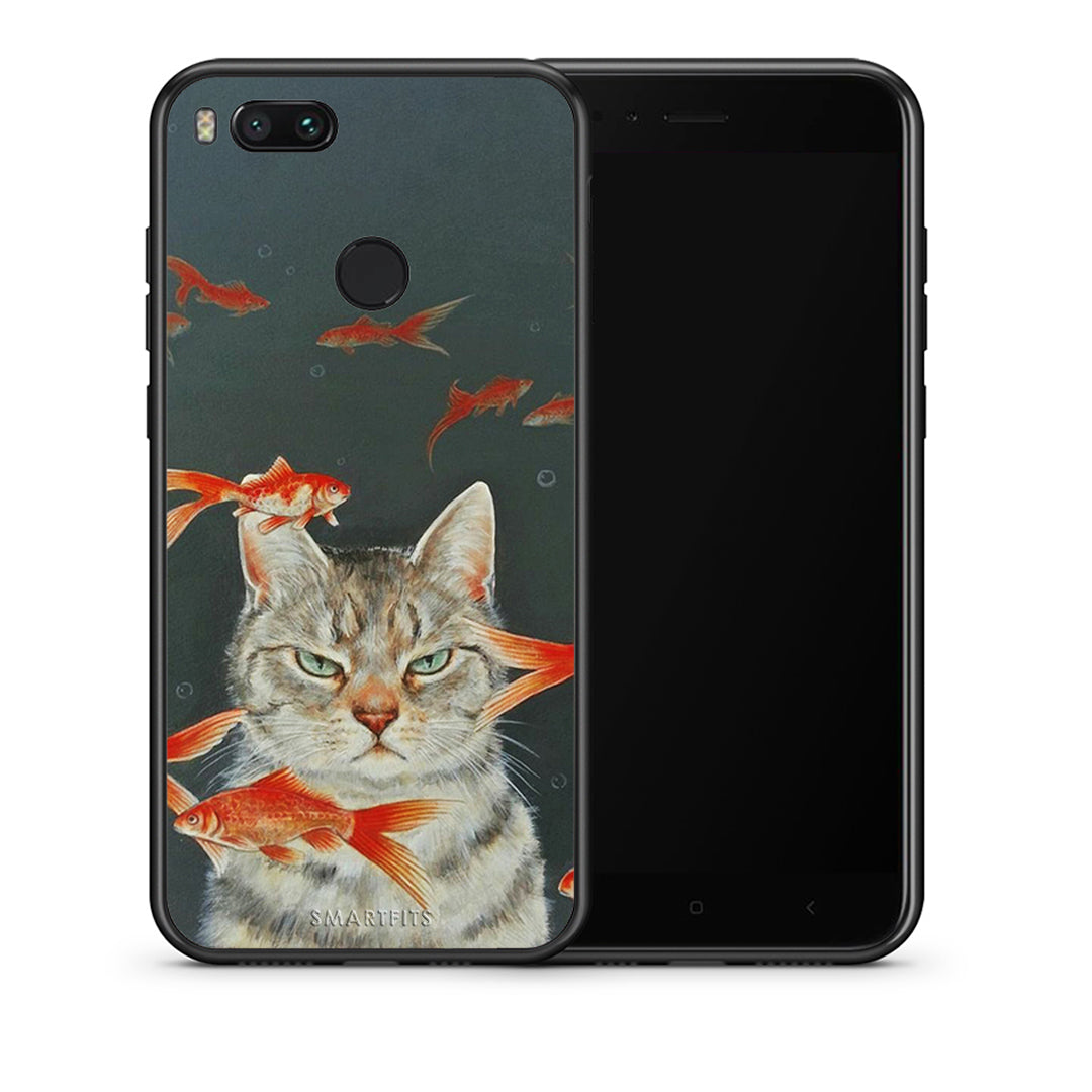 Θήκη Xiaomi Mi A1 Cat Goldfish από τη Smartfits με σχέδιο στο πίσω μέρος και μαύρο περίβλημα | Xiaomi Mi A1 Cat Goldfish case with colorful back and black bezels