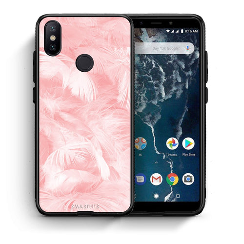 Θήκη Xiaomi Mi A2 Pink Feather Boho από τη Smartfits με σχέδιο στο πίσω μέρος και μαύρο περίβλημα | Xiaomi Mi A2 Pink Feather Boho case with colorful back and black bezels