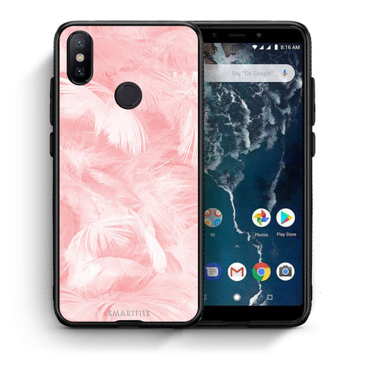 Θήκη Xiaomi Mi A2 Pink Feather Boho από τη Smartfits με σχέδιο στο πίσω μέρος και μαύρο περίβλημα | Xiaomi Mi A2 Pink Feather Boho case with colorful back and black bezels