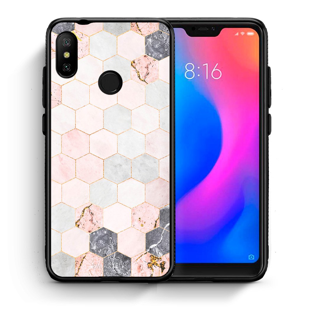 Θήκη Xiaomi Mi A2 Lite Hexagon Pink Marble από τη Smartfits με σχέδιο στο πίσω μέρος και μαύρο περίβλημα | Xiaomi Mi A2 Lite Hexagon Pink Marble case with colorful back and black bezels