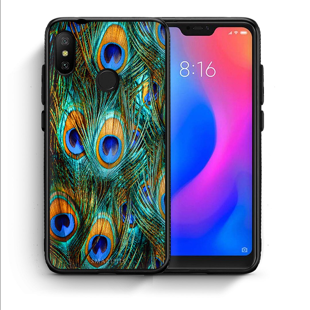 Θήκη Xiaomi Mi A2 Lite Real Peacock Feathers από τη Smartfits με σχέδιο στο πίσω μέρος και μαύρο περίβλημα | Xiaomi Mi A2 Lite Real Peacock Feathers case with colorful back and black bezels