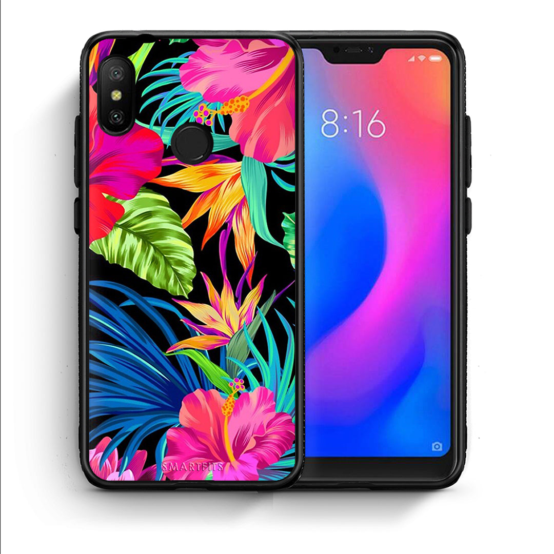 Θήκη Xiaomi Mi A2 Lite Tropical Flowers από τη Smartfits με σχέδιο στο πίσω μέρος και μαύρο περίβλημα | Xiaomi Mi A2 Lite Tropical Flowers case with colorful back and black bezels